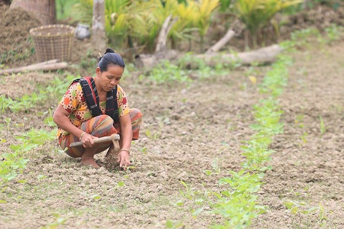 Bojjropodi Chakma, 44, started a successful garden after the landslide. Now, her garden not only helps her bring in income for the household, but also helps in supplementing her family’s nutritional needs.. Photo: UN Women/Jewel Chakma