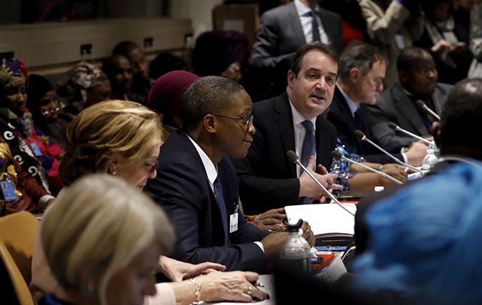 UN Women Deputy Executive Director Yannick Glemarec speaks at the Climate change adaptation strategies for capacity-building and economic empowerment of women farmers CSW62 side event on 14 March. Photo: UN Women/Ryan Brown