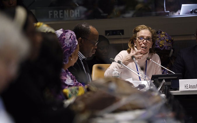 Michèle Sabban, Honorary President of R20 and President of the Green Fund for Women, expressed support for women's empowerment and climate-smart agriculture at the Climate change adaptation strategies for capacity-building and economic empowerment of women farmers CSW62 side event on 14 March. Photo: UN Women/Ryan Brown