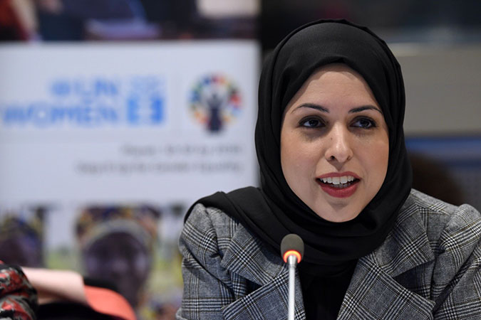 Permanent Representative of the State of Qatar to the UN, Sheikha Alya Ahmed bin Saif Al-Thani, speaks about Qatar's work to reach gender parity. Photo: UN Women/Susan Markisz