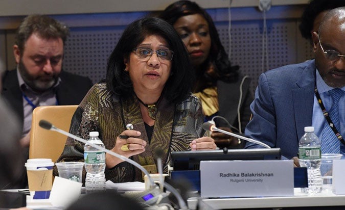 Radhika Balakrishnan, Center for Women’s Global Leadership at Rutgers University, speaks about the role of civil society in achieving gender parity. Photo: UN Women/Susan Markisz