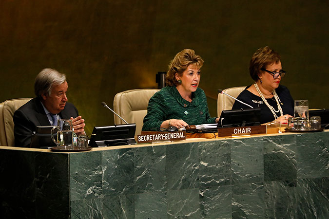 Geraldine Byrne Nason, chair of the 62nd session of the UN Commission on the Status of Women speaks at the opening of CSW62 . Photo: UN Women/Ryan Brown