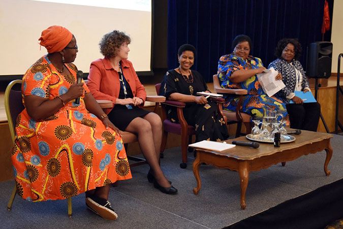 From left: Moderator Nyaradzayi Gumbodzvanda; Director of the Sectoral Policies Department at the ILO in Geneva, Alette Van Leur; UN Women Executive Director, Phumzile Mlambo Ngcuka; Minister of Gender, Children, Disability and Social Welfare Malawi, Jean Kalilani; and a representative of the African Union respond to the standards and benchmarks proposed by activists . Photo: UN Women/Susan Markisz