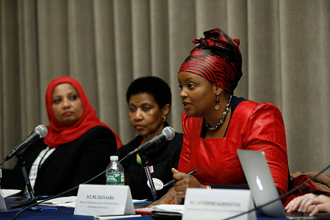 Isata Kabia, Minister of Social Welfare, Gender and Children's Affairs of the Republic of Sierra Leone speaks at the the CSW62 side event "High-Level event on Advancing Gender Equality in Nationality Laws" on 14 March. Photo: UN Women/Ryan Brown