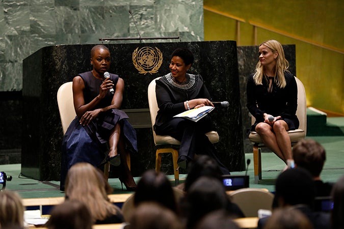 Tony-nominated playwright, actor and activist, Danai Gurira, Executive Director of UN Women Phumzile Mlambo-Ngcuka and Academy award-winning actor and activist, Reese Witherspoon. Photo: UN Women/Ryan Brown