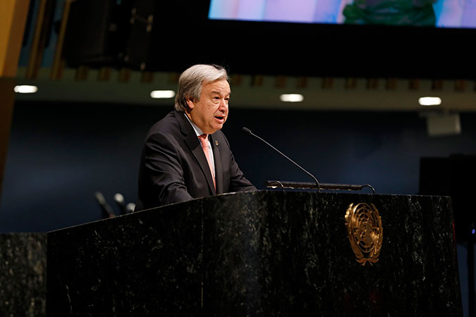 UN Secretary-General António Guterres speaks at the official commemoration of International Women's Day at UNHQ. Photo: UN Women/Ryan Brown