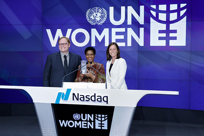 Global Head of Sustainability at Nasdaq, Evan Harvey; UN Women Executive Director Phumzile Mlambo-Ngcuka; and President and CEO of Nasdaq, Adena Friedman celebrate International Women's Day at Nasdaq. Photo: UN Women/Ryan Brown