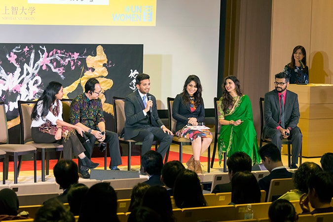 Performers from the evening event share the stage for a panel discussion on the use of the arts to spread messages of peace and change gender social norms. Photo: UN Women/STORY CO., LTD