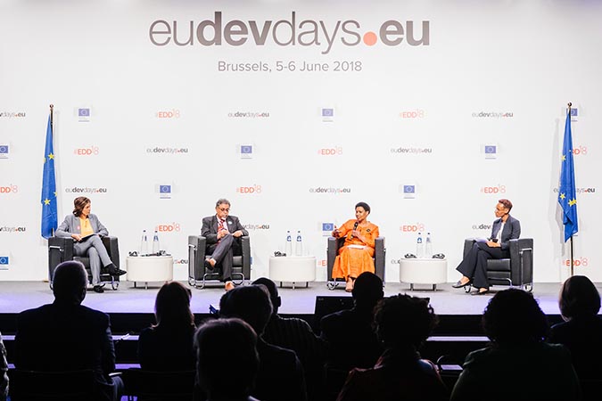 A panel discussion on The Spotlight Initiative featuring UN Women Executive Director Phumzile Mlambo-Ngcuka; Co-Executive Director, Association for Women's Rights in Development, Hakima Abbas; and co-chair of Men Engage Global Alliance, Abhijit Das . Photo: European Union