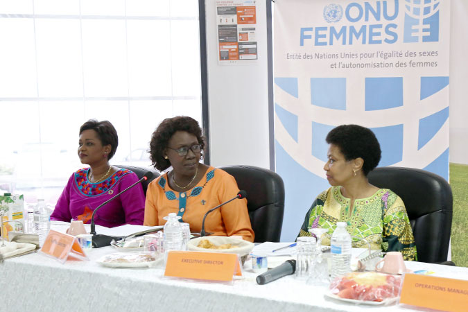 From left to right: Diana Ofwona, UN Women Representative in the regional office for West and Central Africa, Oulimata Sarr, UN Women Deputy Regional Director, West and Central Africa, and UN Women Executive Director Phumzile Mlambo-Ngcuka met with UN Women staff in Senegal to discuss organizational priorities and strategies to achieve gender equality targets of the Sustainable Development Goals in the country. Photo: UN Women/ Alpha Ba