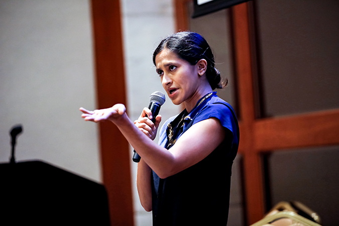 Aparna Nancherla delivers a stand-up set at the Comedy for Equality event in New York. Photo: UN Women/Ryan Brown