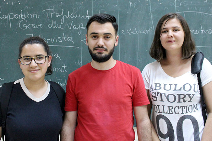 Xhoana Vranici, Spartak Kosta and Kleodora Elmasllari (left to right) are among the first group of journalism students in Albania to have followed a specific course on how to report trafficking of women and girls  Photo: UN Women Albania/Yllka Parllaku