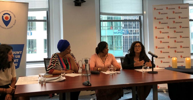 Participants take part in a panel marking the fourth anniversary of the ISIS attack on the Yazidi community in Sinjar, including (left to right) Akila Radhakrishnan, President, Global Justice Center, UN Women Executive Director Phumzile Mlambo Ngcuka, UN Special Representative of the Secretary-General on Sexual Violence in Conflict Pramila Patten and Free Yezidi Foundation Executive Director Pari Ibrahim. Photo: Adina Wolf/UN Trust Fund/UN Women