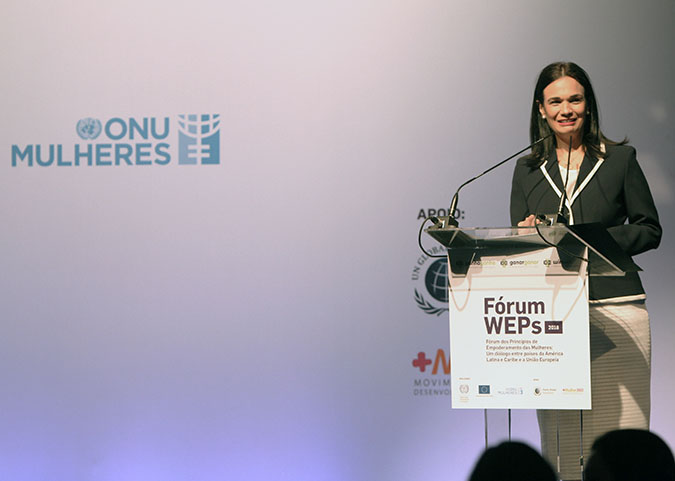 Panama's Vice President and Chancellor, Isabel de Saint Malo de Alvarado speaks at the 2018 WEPs Forum. Photo: UN Women Brazil/Angela Rezé
