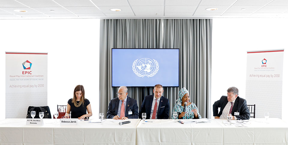 UN Women Executive Director Phumzile Mlambo-Ngcuka speaks at the Equal Pay International Coalition Pledging event during the UN General Assembly in New York.Photo: UN Women/Ryan Brown