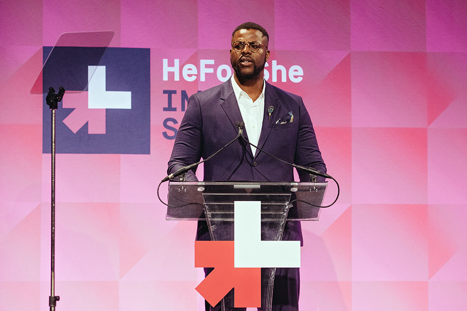 Actor and activist Winston Duke speaks at the HeForShe IMPACT Summit. Photo: UN Women/Celeste Sloman 