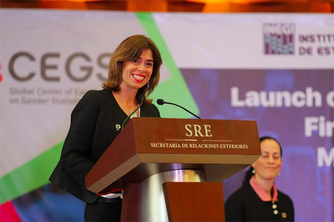 Belén Sanz Luque, Representative of UN Women in Mexico, speaks the the launch of the Global Centre of Excellence on Gender Statistics (CEGS) in Mexico City. Photo: UN Women/Dzilam Méndez