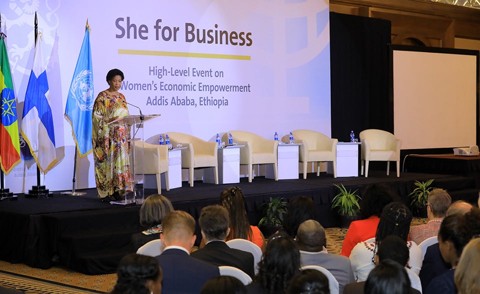 UN Women Executive Director Phumzile Mlambo-Ngcuka speaks at the "She for Business" event on 15 October. Photo: UN Women