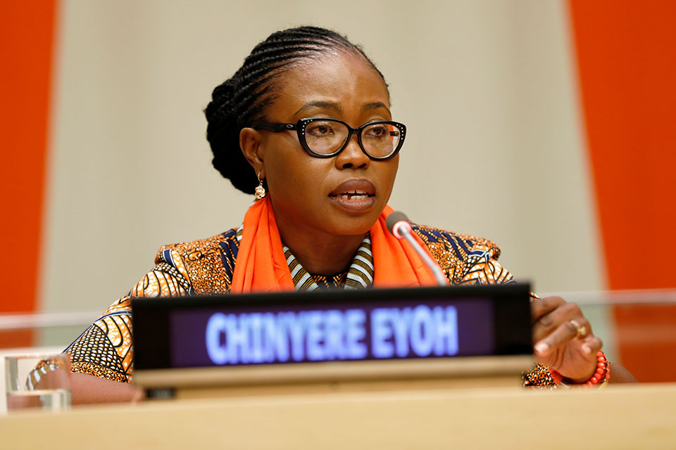 Chinyere Eyoh speaks at the commemoration of the International Day for the Elimination of Violence against Women at UN Headquarters in New York. Photo: UN Women/Ryan Brown