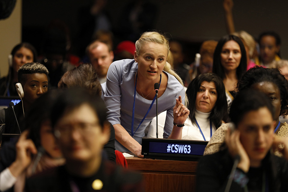 Representatives of civil society organizations posed questions to the UN Secretary-General at the Town Hall meeting of civil society during the 63rd session of the Commission on the Status of Women. Photo: UN Women/Ryan Brown