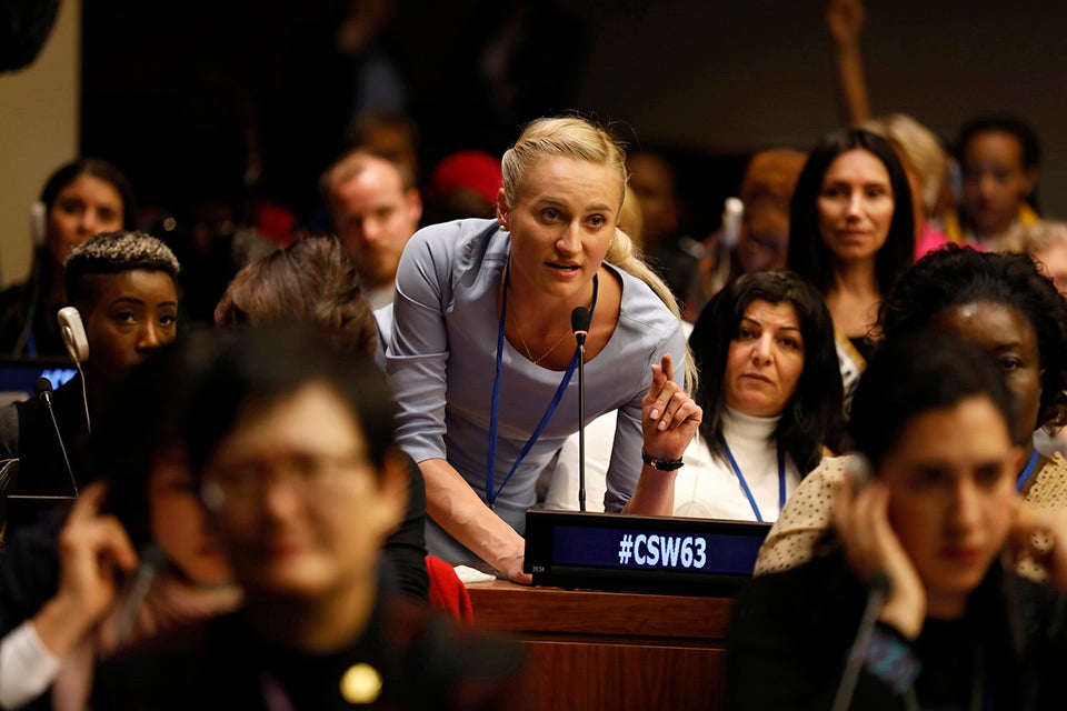 Representatives of civil society organizations posed questions to the UN Secretary-General at the Town Hall meeting of civil society during the 63rd session of the Commission on the Status of Women. Photo: UN Women/Ryan Brown