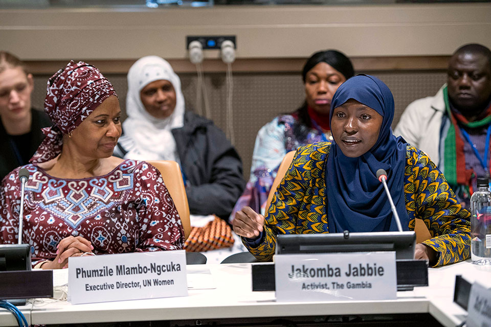 Jakomba Jabbie 16-year-old gender equality activist from The Gambia, speaks at the Equality in Law for Women and Girls by 2030 event on the margins of the 63rd session of the UN Commission on the Status of Women. Photo: UN Women/Amanda Voisard