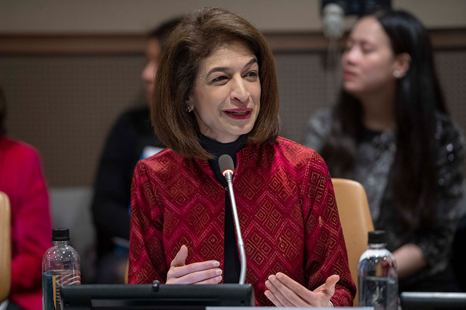 Yasmeen Hassan, Global Executive Director of Equality Now, moderates the Equality in Law for Women and Girls by 2030 event on the margins of the 63rd session of the UN Commission on the Status of Women. Photo: UN Women/Amanda Voisard