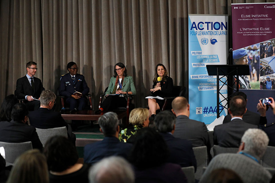 Pictured from Right to left:  Chrystia Freeland, Minister of Foreign Affairs of Canada leads a panel discussion with Jennifer Topping, Executive Director of the Multi-Partner Trust Fund Office; Wing Commander Theodora Adjoa Agornyo, peacekeeper from Ghana;  Lt. Col Bradley Orchard, UN Women. Photo: UN Women/Ryan Brown