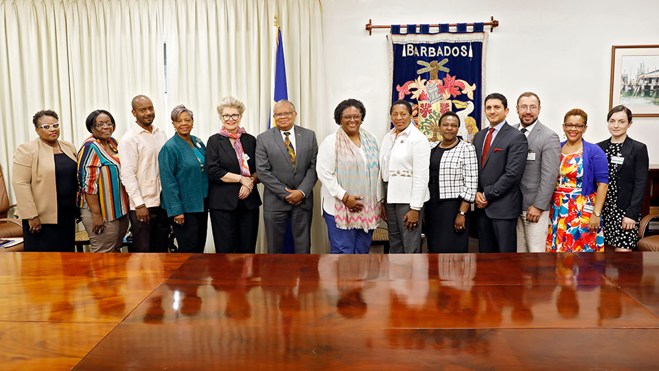 In Barbados, the UN Women Executive Board delegation meets with Prime Minister Mia Mottley (centre). Photo: UN Women/Ryan Brown