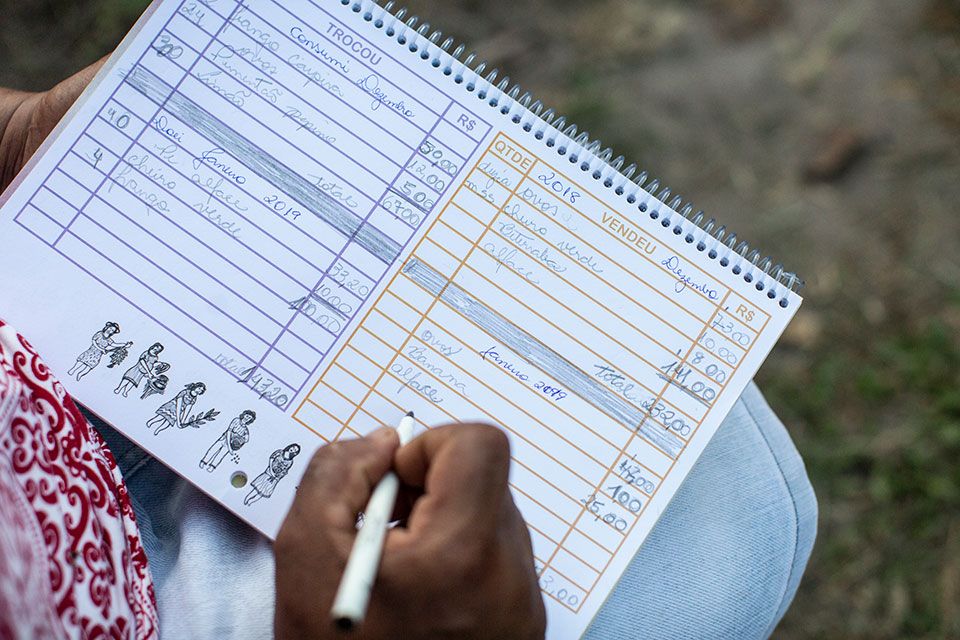 A simple logbook like this one, in which women family farmers record their production, has raised awareness about their contribution to Brazil’s economy. Photo: Lianne Milton
