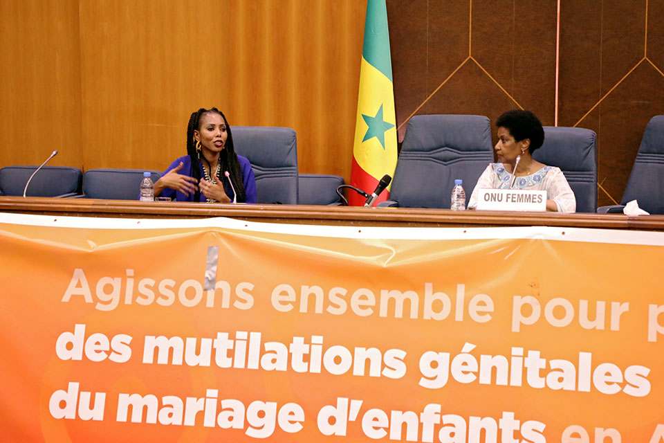 UN Women Executive Director Phumzile Mlambo-Ngucka and Regional Goodwill Ambassador Jaha Dukureh participate in a interactive dialogue on 16 June 2019 during the first African Summit on FGM and Child Marriage in Dakar, Senegal. Photo: UN Women/Dieynaba Niabaly