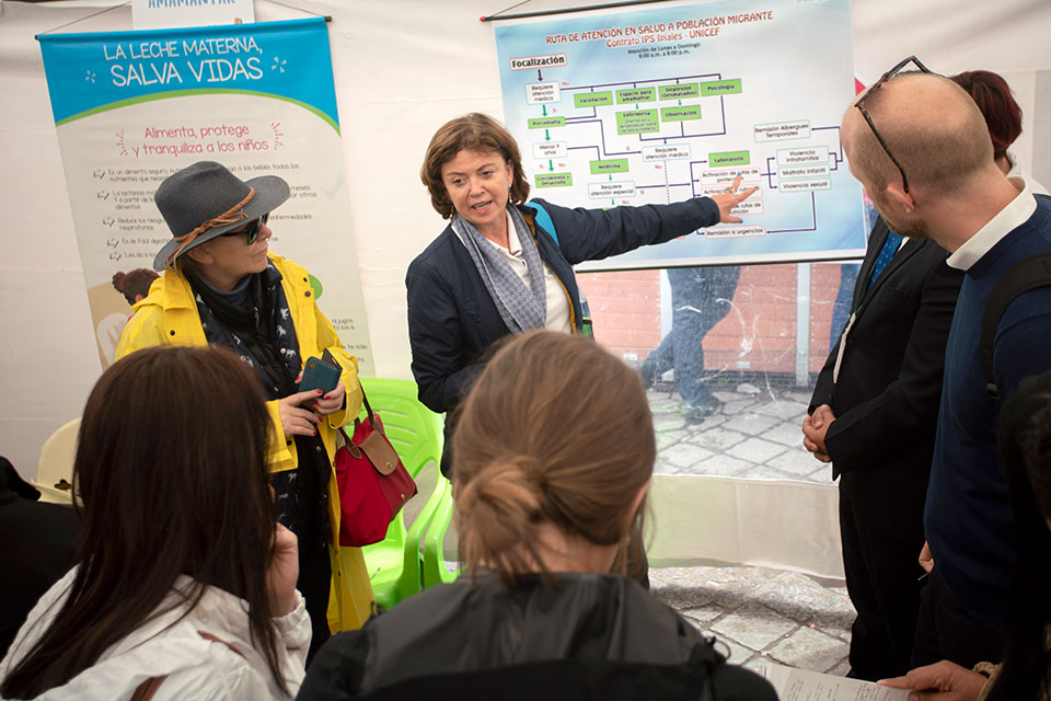 UN Women Representative Ana Guezmes and Ambassador Katalin Bogyay of Hungary pictured here, along with the Executive Board members visiting facility for migrants at the Colombia- Ecuador border, at Rumichaca Bridge. Photo: UN Women/Luis Ponce