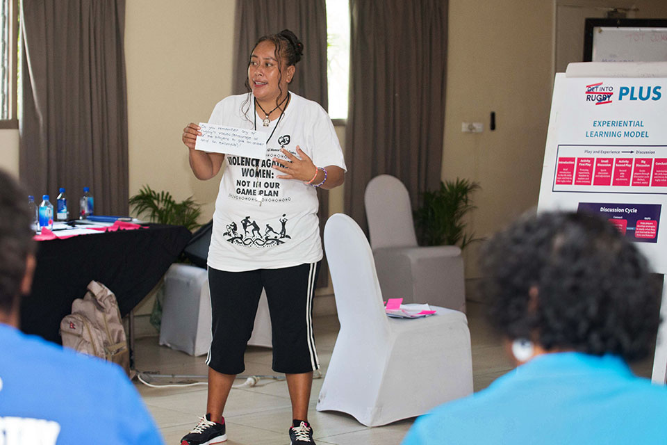 Kitiana Kaitu, known as Kiti, a primary school teacher in Nasinu, Fiji, and coach and newly qualified Lifeskills Trainer for the get Into Rugby PLUS programme. Photo: Oceania Rugby