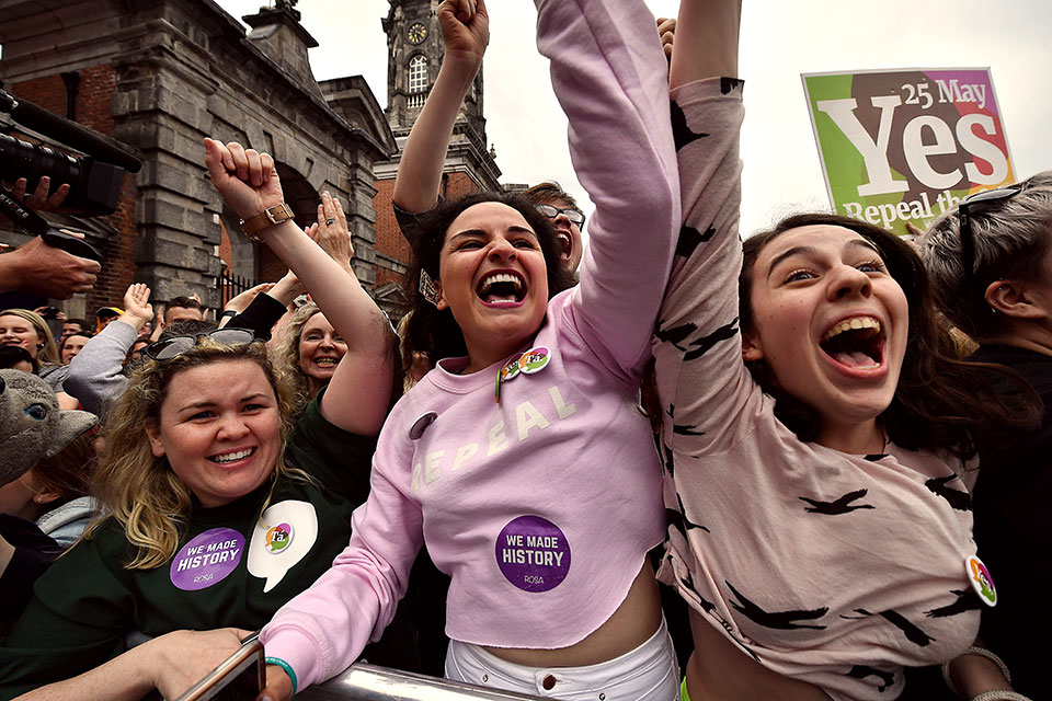 . Yes voters celebrate as the result of the Irish referendum on the 8th amendment concerning the country’s abortion laws is declared at Dublin Castle on May 26, 2018 in Dublin, Ireland. Photo: Getty Images/ Charles McQuillan