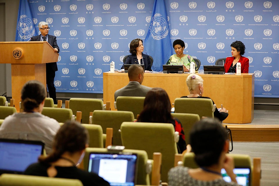 Shahra Razavi, Chief of Research and Data at UN Women;  Phumzile Mlambo-Ngcuka, Executive Director of UN Women; and  Marwa Sharafeldin, Activist and Board Member, Musawah, International Movement for Equality and Justice in the Muslim Family, at the launch of UN Women's flagship report, Progress of the World’s Women 2019-2020: Families in a Changing World. Photo: UN Women/Ryan Brown