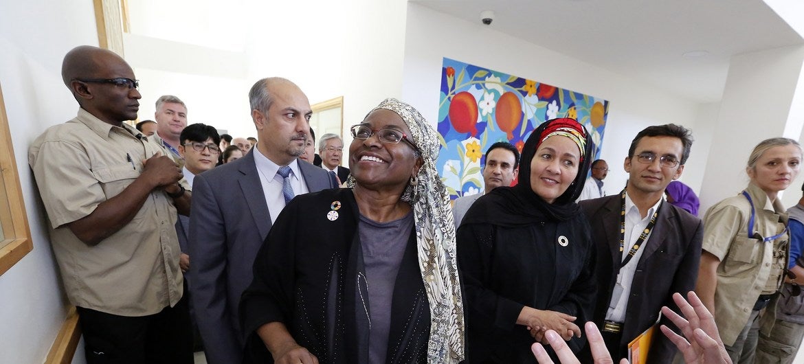 UN Deputy Secretary General Amina J. Mohammed (3rd right) visits the Aga Khan Hospital in Bamyan, alongside UNFPA chief Natalia Kanem (centre)., 21 July 2019. Photo: Fardin Waezi/UNAMA.