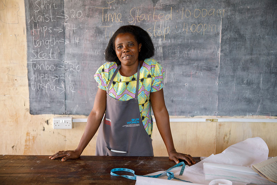 Beatrice Silas Kasiba is a dressmaker in Kalobeyei settlement. Photo: UN Women/Ryan Brown