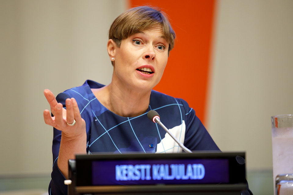 President of Estonia Kersti Kaljulaid speaks about women's leadership in politics. Photo: UN Women/Ryan Brown