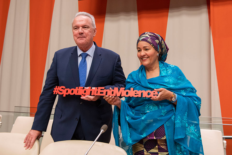 Deputy Secretary-General Amina Mohammed (right) poses for a photo with Commissioner for International Cooperation and Development, Neven Mimica at the meeting on the Eurpean Union (EU) and United Nations Spotlight Initiative, a global, multi-year partnership between the EU and the UN to eliminate all forms of violence against women and girls.   Photo: UN Women/Amanda Voisard