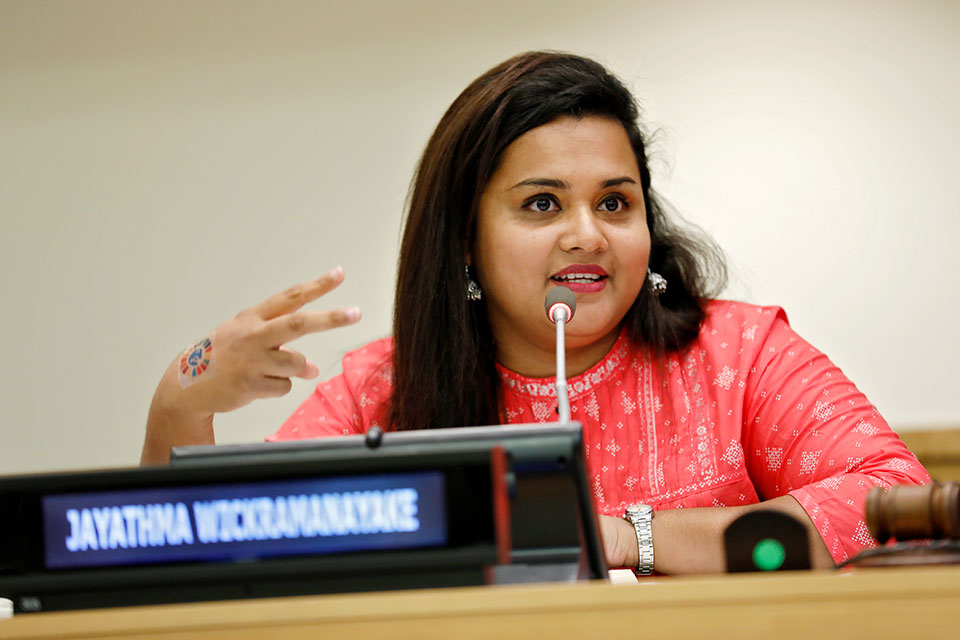 UN Secretary-General’s Envoy on Youth, Jayathma Wickramanayake, speaks at the UN Women event on youth leadership within the UN. Photo: UN Women/Ryan Brown