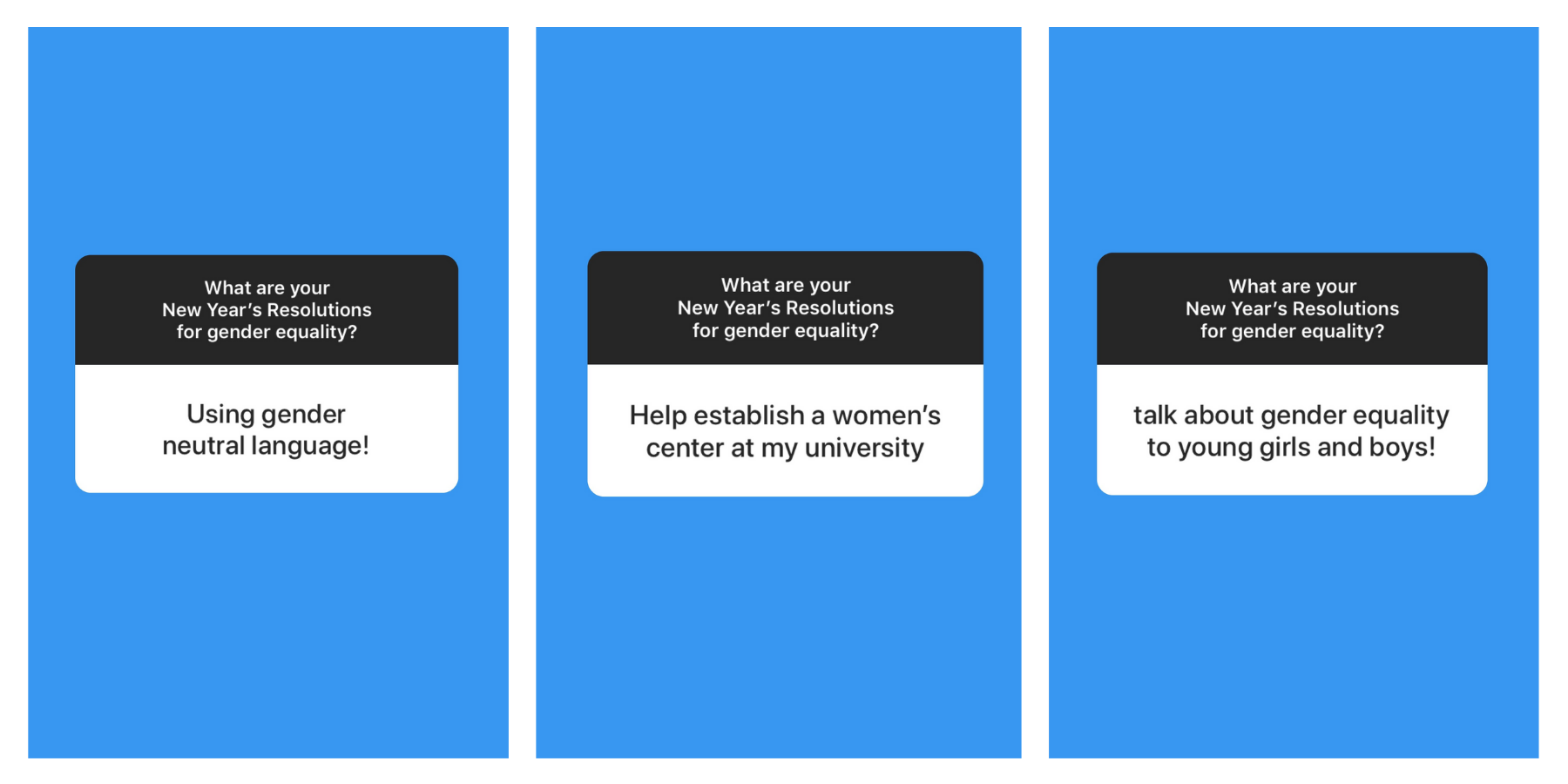 What are your New Years Resolutions for Gender Equality? 1) Using gender neutral language; 2) Help establish a women's center at my university; 3) Talk about gender equality to young girls and boys