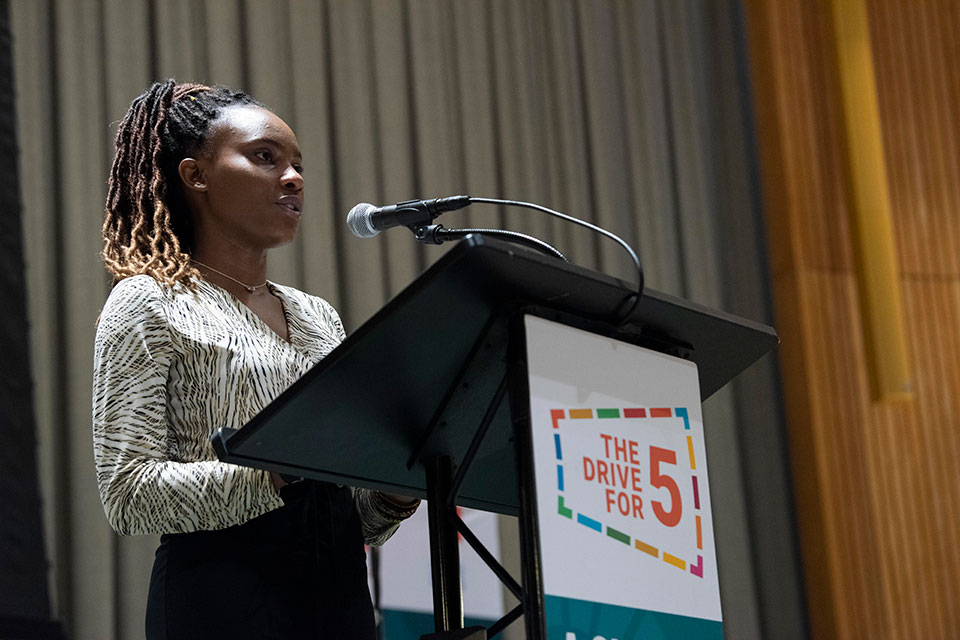 Marie-Claire Kabermanzi shares her story at UN Headquarters in New York. Photo: Mission of Ireland/Kim Haughton