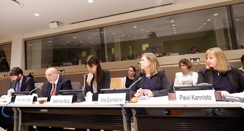 Hanny Megally, Commissioner, Independent International Commission of Inquiry on the Syrian Arab Republic. participates in a panel discussion at an event at UN Headquarters in January 2020. Photo: UN Women/Rozafa Kelmendi