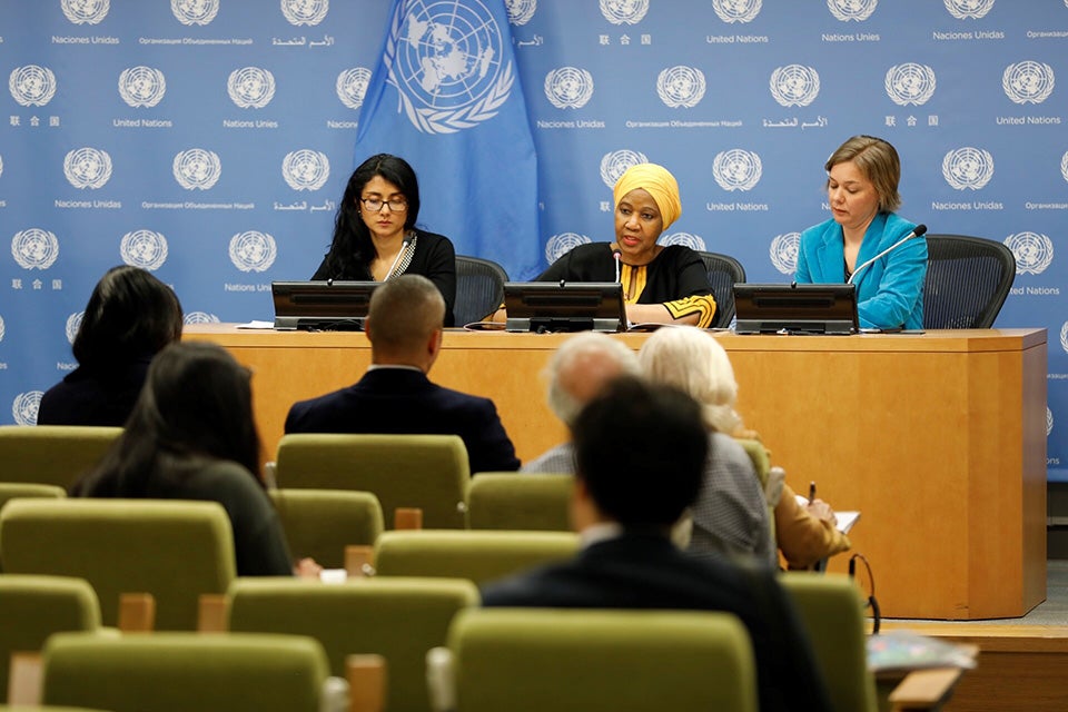 Anya Victoria Delgado, Senior Programme Coordinator of the Feminist Alliance for Rights; Phumzile Mlambo-Ngcuka, Executive Director of UN Women; And  Silke Staab, Research Specialist at UN Women discuss UN Women’s report “Women’s Rights in Review 25 years after Beijing”. Photo: UN Women/Ryan Brown