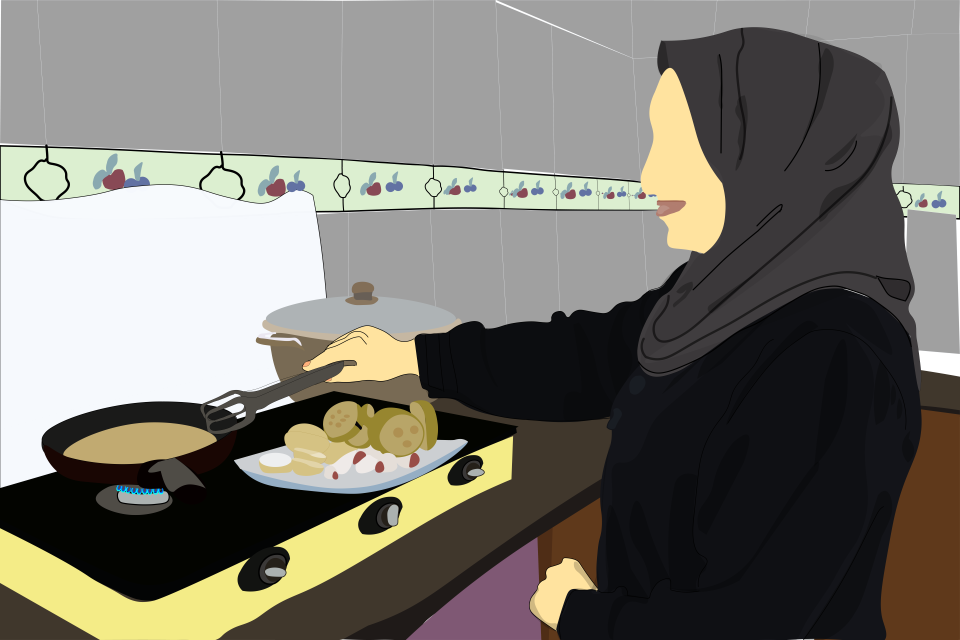 In Palestine, many women face additional workloads at home due to the COVID-19 lockdown measures. Illustration: UN Women/Ahmad Abu Rashed.