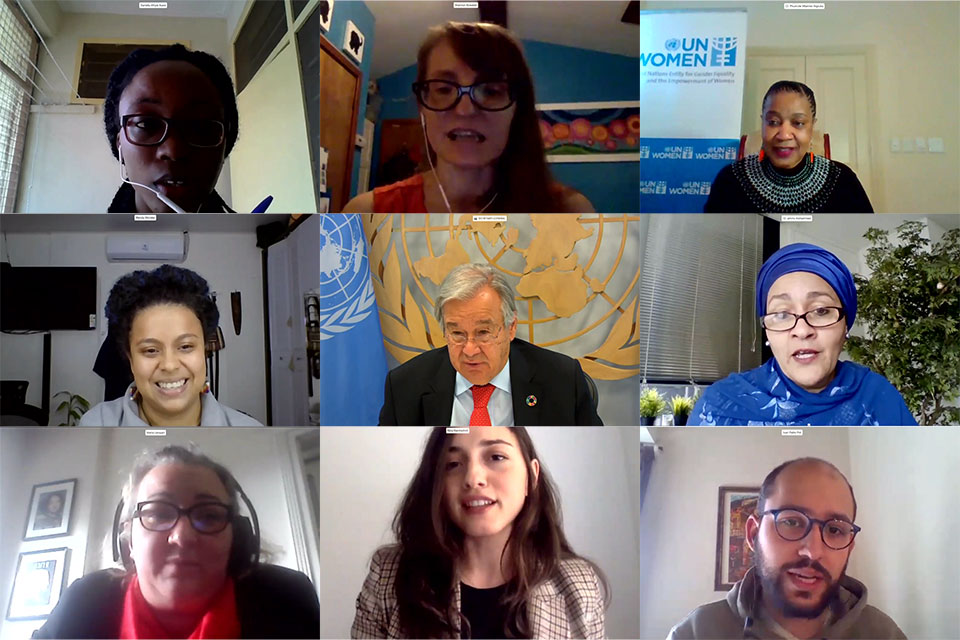 Speakers at the Secretary-General's virtual town hall with women's civil society organizations.  Credit: screengrabs (combined), UN Web TV