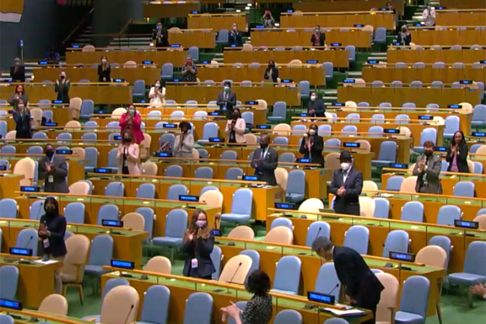 Scene from the General Assembly Hall during the closing session of the 65th session of CSW. Photo: UN Web TV (screengrab)