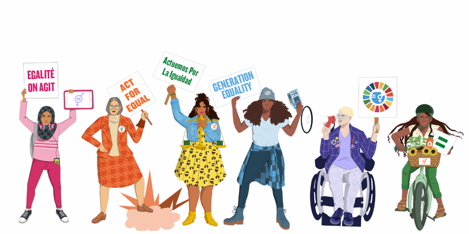 Collage of illustrated action heros for Generation Equality