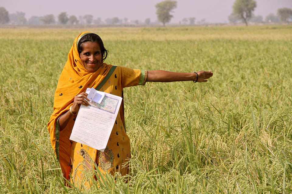 Durdana, a once landless woman farmer, proudly shows off her land and Land Tenancy Agreement in Dadu District, Sindh Province, Pakistan. In Pakistan, UN Women, in collaboration with local partners, has worked with more than 1,200 rural women farmers to acquire land tenancy rights. “I do not know anything else but working in the fields,” says Durdana. “For the first time in my life I can say something is mine. This land, as far as the eye can see is mine—this paper says so.” Photo: UN Women/Faria Salman