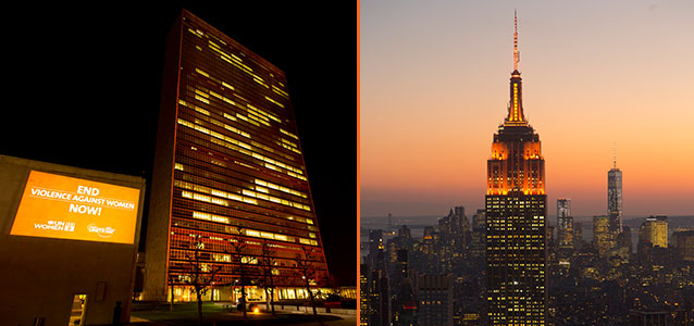 The UN Secretariat building (left) and the Empire State Building (right) set aglow in orange the evening of 24 November ahead of the International Day to End Violence against Women. Photo: Ryan Brown
